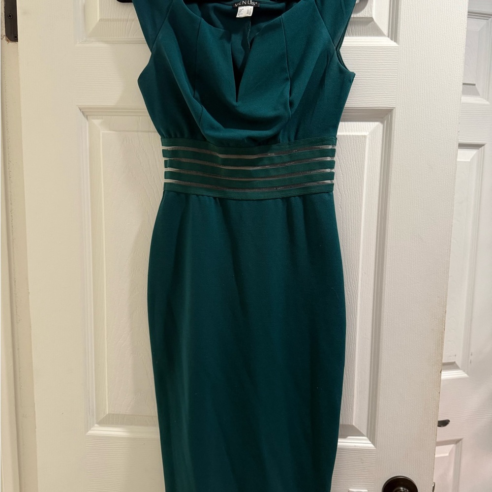 VENUS Teal Midi Dress with Striped Waist